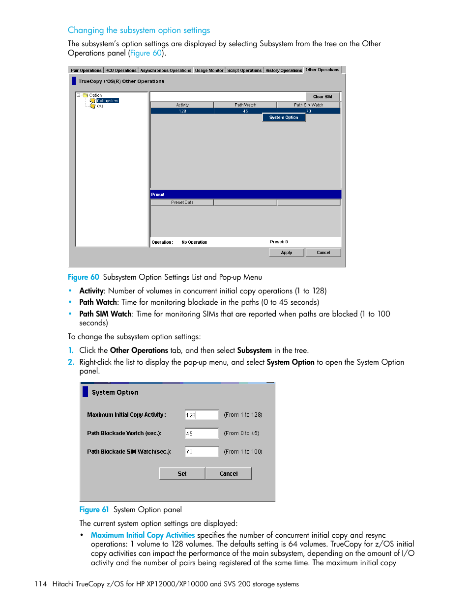 Changing the subsystem option settings, Figure 61 system option panel, 60 subsystem option settings list and pop-up menu | 61 system option panel | HP StorageWorks XP Remote Web Console Software User Manual | Page 114 / 230