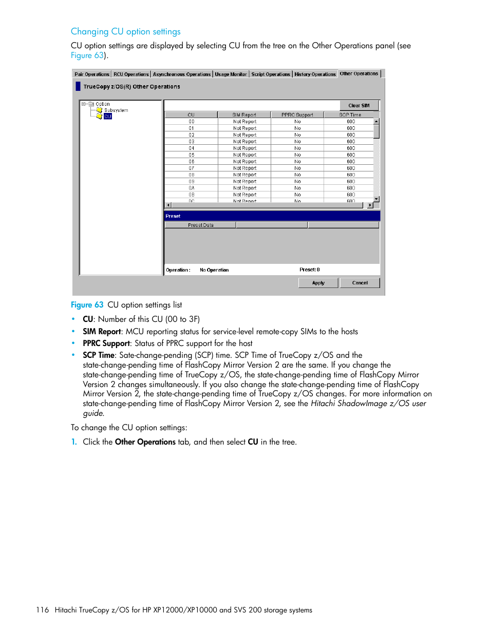 Changing cu option settings, Figure 63 cu option settings list, 63 cu option settings list | HP StorageWorks XP Remote Web Console Software User Manual | Page 116 / 230