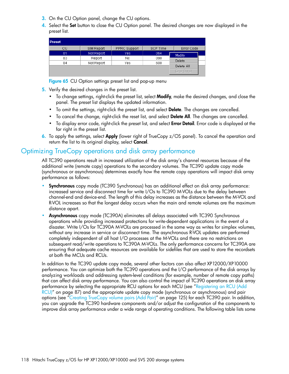 65 cu option settings preset list and pop-up menu | HP StorageWorks XP Remote Web Console Software User Manual | Page 118 / 230