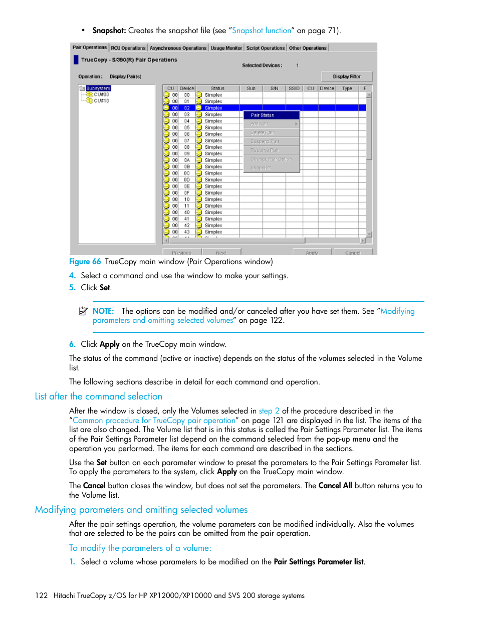 List after the command selection, Modifying parameters and omitting selected volumes, To modify the parameters of a volume | 66 truecopy main window (pair operations window), Figure 66 | HP StorageWorks XP Remote Web Console Software User Manual | Page 122 / 230