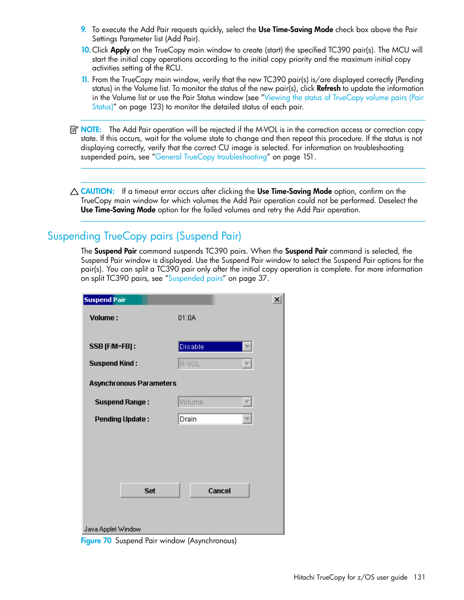 Suspending truecopy pairs (suspend pair), Figure 70 suspend pair window (asynchronous), 70 suspend pair window (asynchronous) | HP StorageWorks XP Remote Web Console Software User Manual | Page 131 / 230