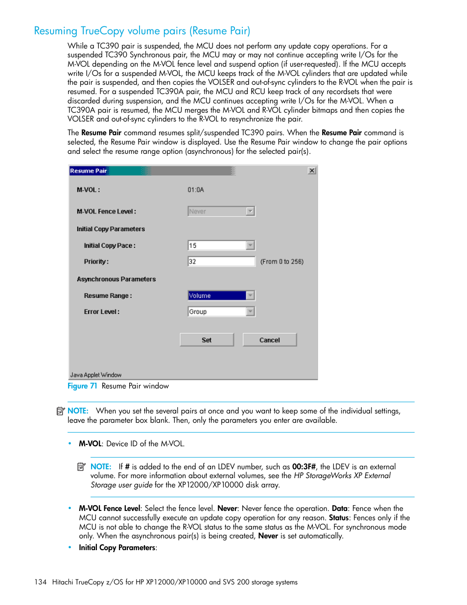 Resuming truecopy volume pairs (resume pair), Figure 71 resume pair window, 71 resume pair window | Resuming truecopy volume pairs (resume, Pair) | HP StorageWorks XP Remote Web Console Software User Manual | Page 134 / 230