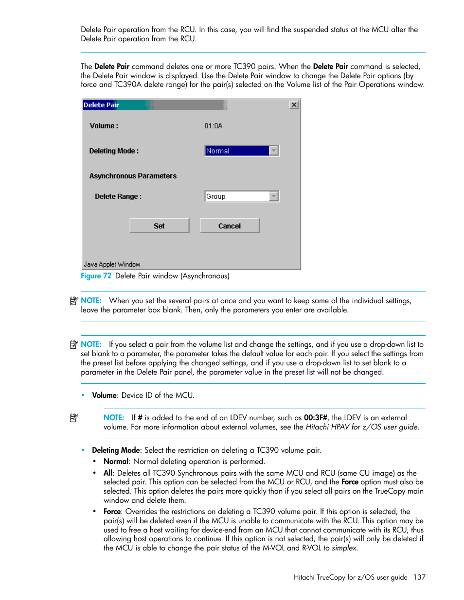 Figure 72 delete pair window (asynchronous), 72 delete pair window (asynchronous) | HP StorageWorks XP Remote Web Console Software User Manual | Page 137 / 230