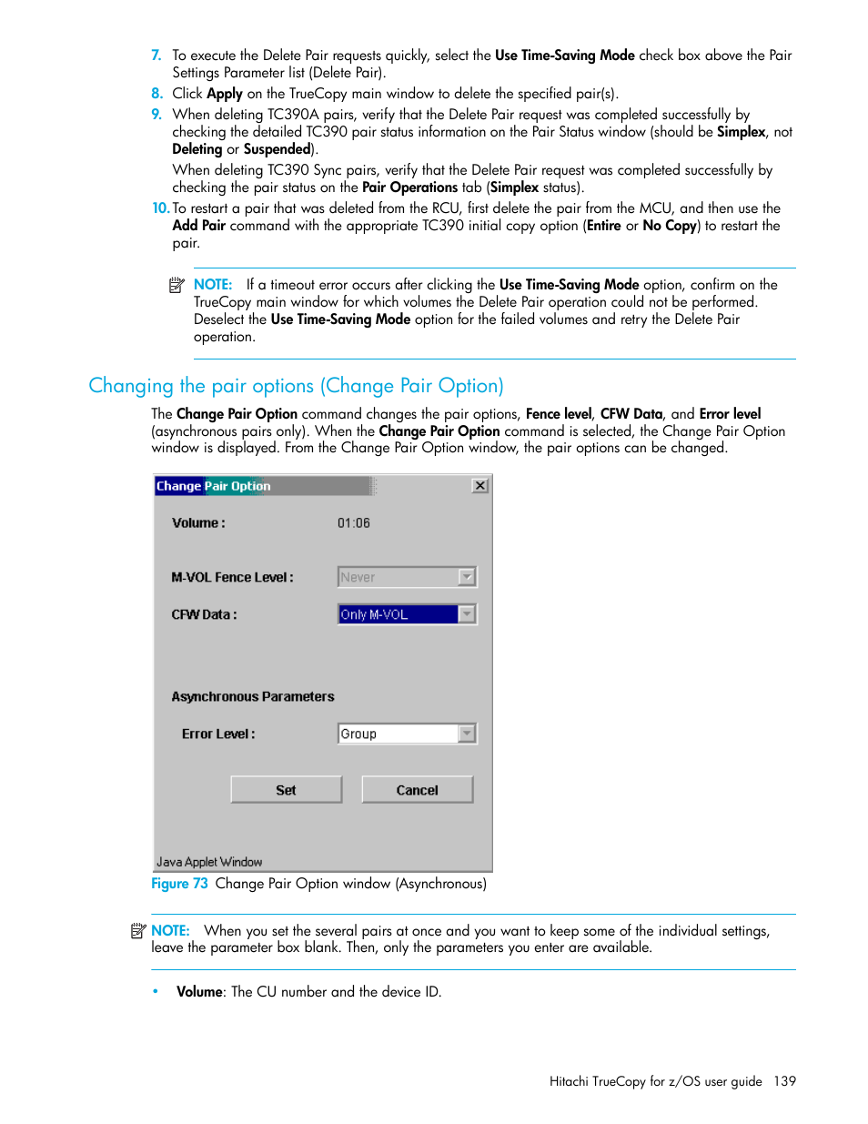 Changing the pair options (change pair option), Figure 73 change pair option window (asynchronous), 73 change pair option window (asynchronous) | Changing the pair options (change pair, Option) | HP StorageWorks XP Remote Web Console Software User Manual | Page 139 / 230