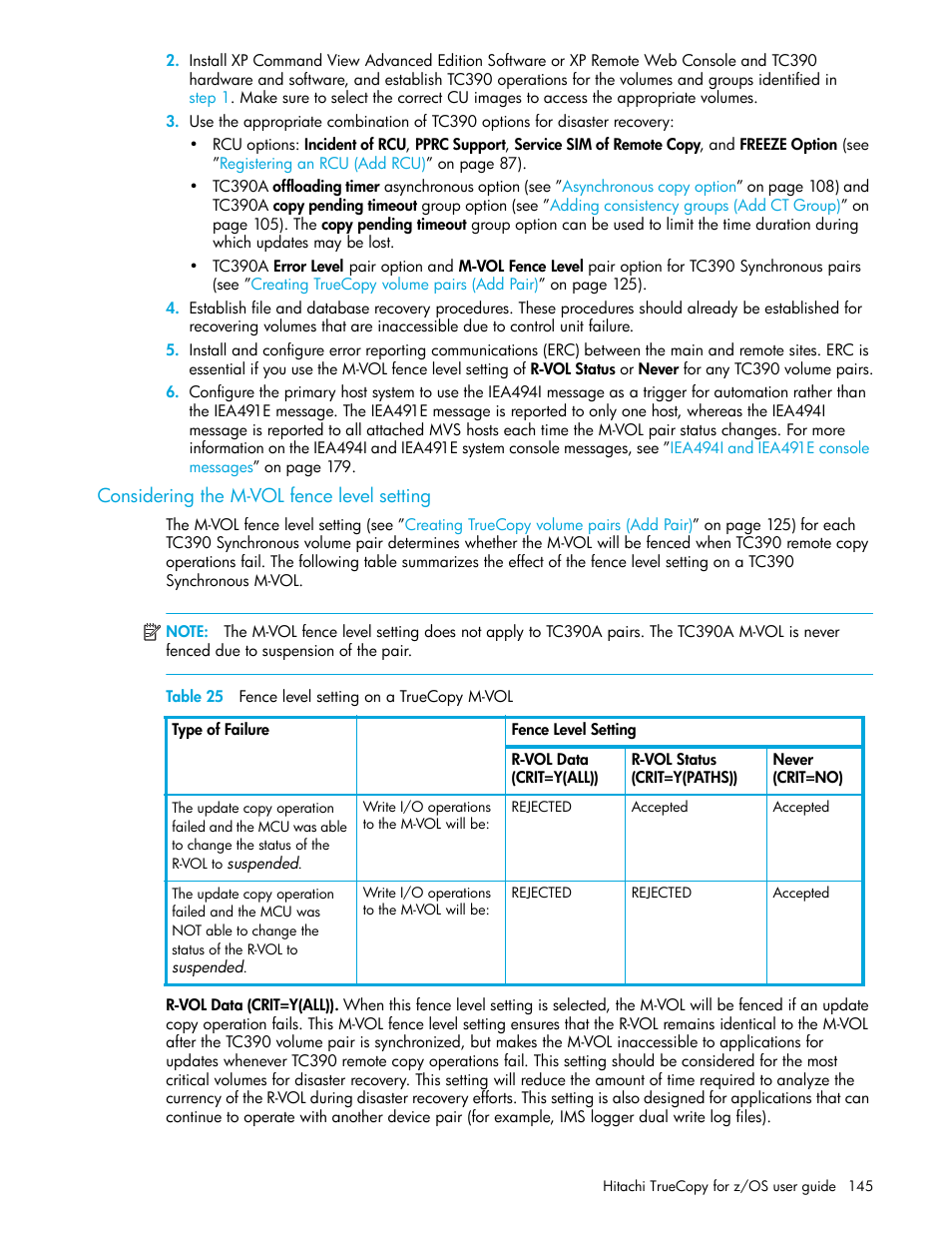 Considering the m-vol fence level setting, Table 25 fence level setting on a truecopy m-vol, 25 fence level setting on a truecopy m-vol | HP StorageWorks XP Remote Web Console Software User Manual | Page 145 / 230