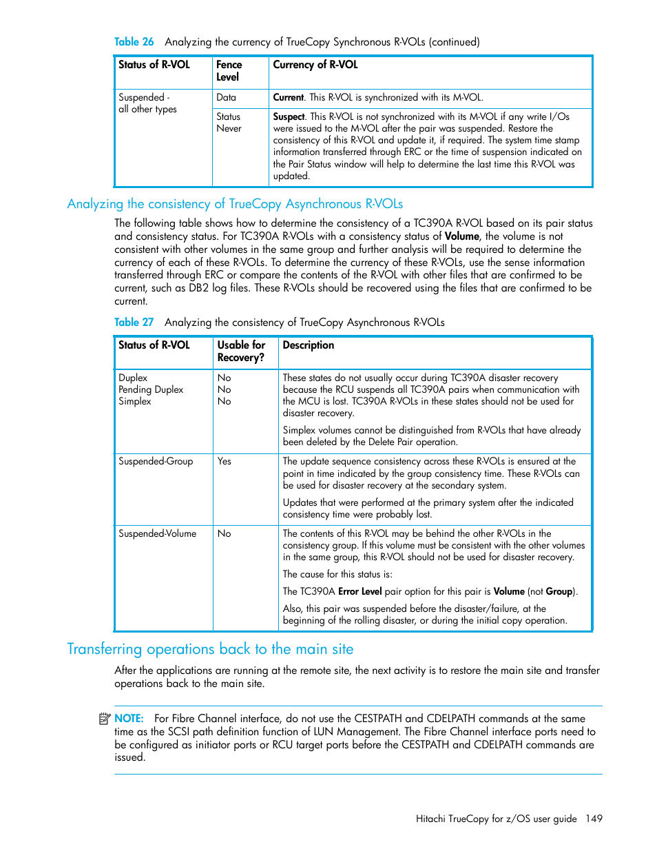 Transferring operations back to the main site, Analyzing the, Consistency of truecopy asynchronous r-vols | HP StorageWorks XP Remote Web Console Software User Manual | Page 149 / 230