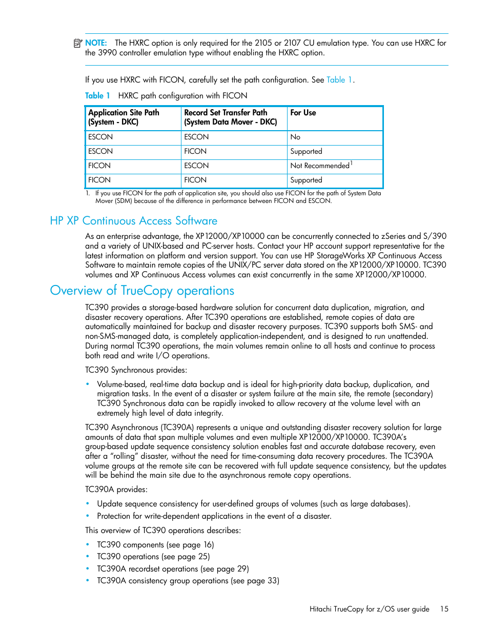 Table 1 hxrc path configuration with ficon, Hp xp continuous access software, Overview of truecopy operations | 1 hxrc path configuration with ficon | HP StorageWorks XP Remote Web Console Software User Manual | Page 15 / 230