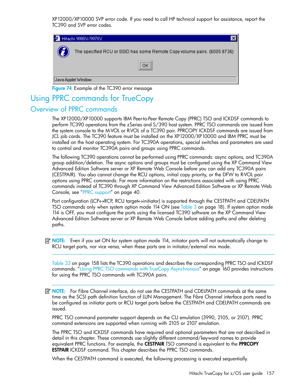 Figure 74 example of the tc390 error message, Using pprc commands for truecopy, Overview of pprc commands | 74 example of the tc390 error message, Using pprc commands for, Truecopy | HP StorageWorks XP Remote Web Console Software User Manual | Page 157 / 230