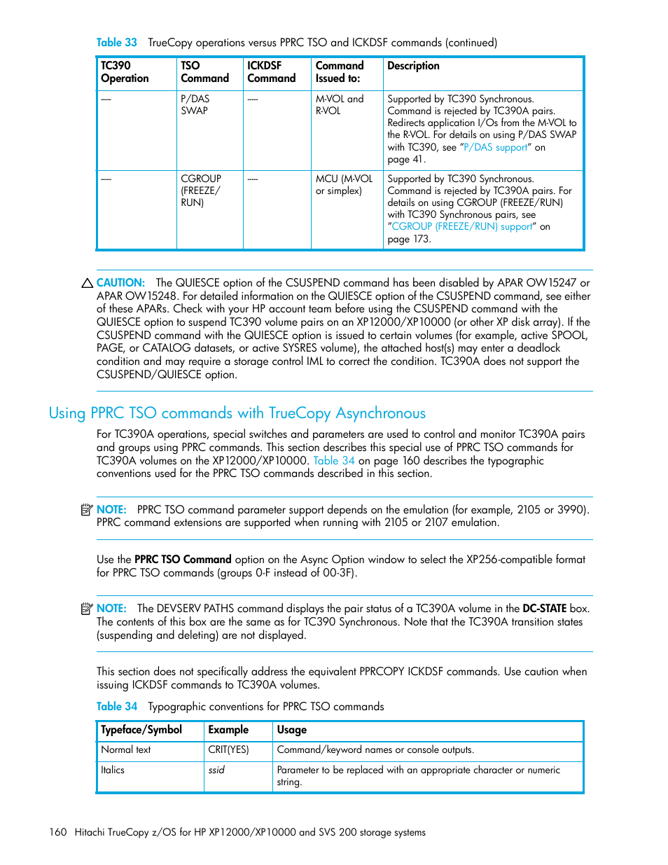 Using pprc tso commands with truecopy asynchronous, 34 typographic conventions for pprc tso commands, Table 34 | HP StorageWorks XP Remote Web Console Software User Manual | Page 160 / 230