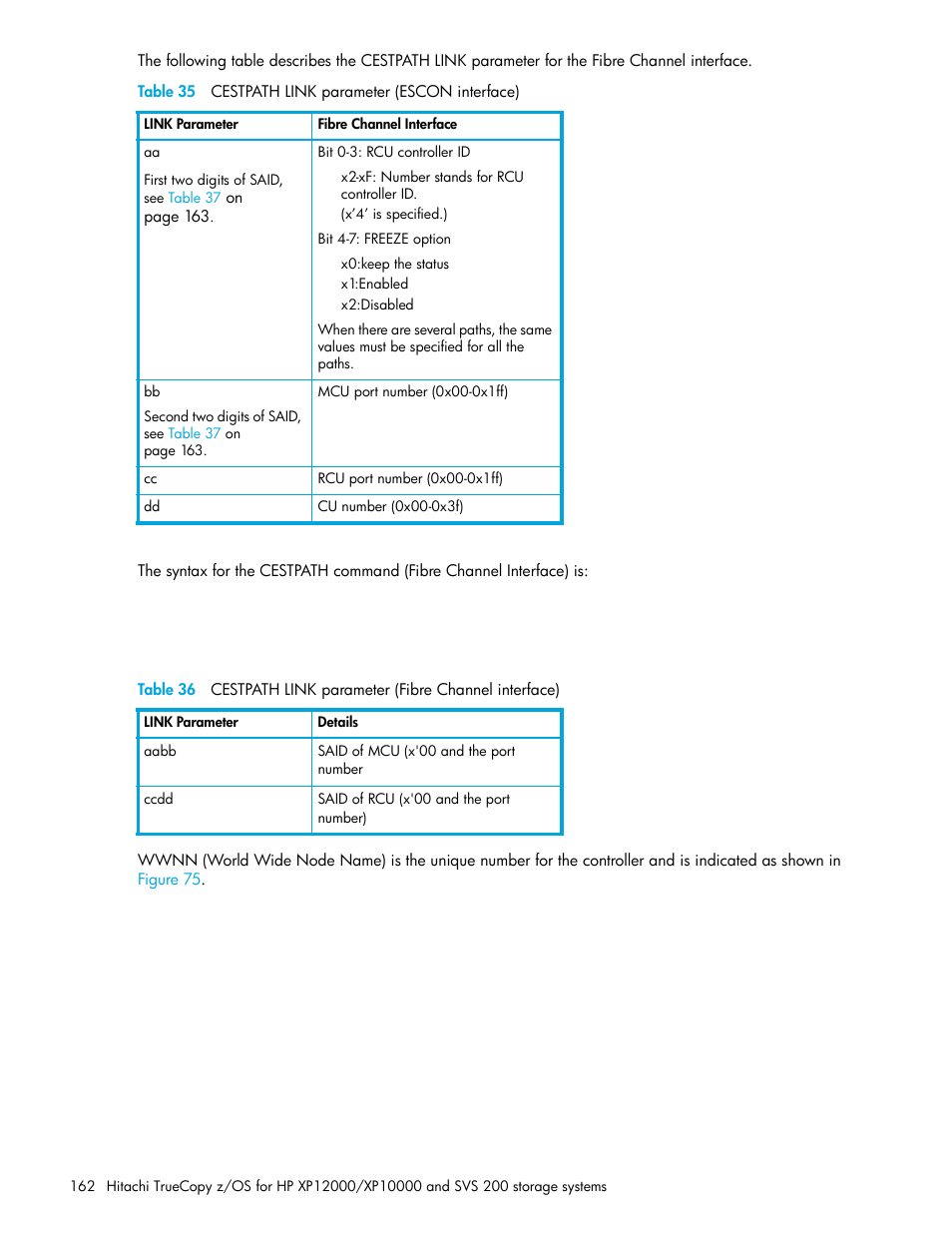 Table 35 cestpath link parameter (escon interface), 35 cestpath link parameter (escon interface), Table 35 | HP StorageWorks XP Remote Web Console Software User Manual | Page 162 / 230