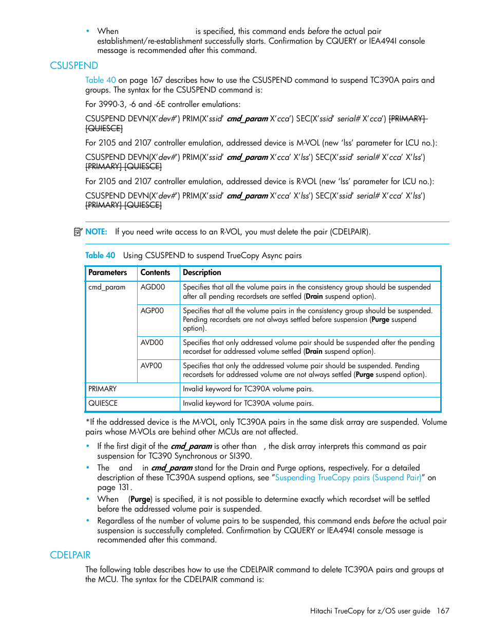 Csuspend, Cdelpair, 40 using csuspend to suspend truecopy async pairs | HP StorageWorks XP Remote Web Console Software User Manual | Page 167 / 230