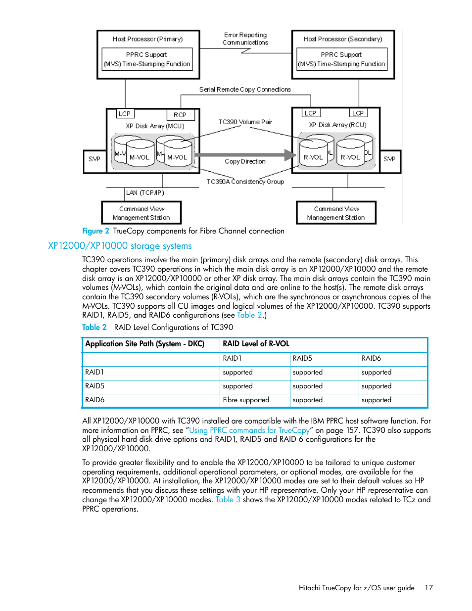 Xp12000/xp10000 storage systems, Table 2 raid level configurations of tc390, 2 truecopy components for fibre channel connection | 2 raid level configurations of tc390, Figure 2 | HP StorageWorks XP Remote Web Console Software User Manual | Page 17 / 230