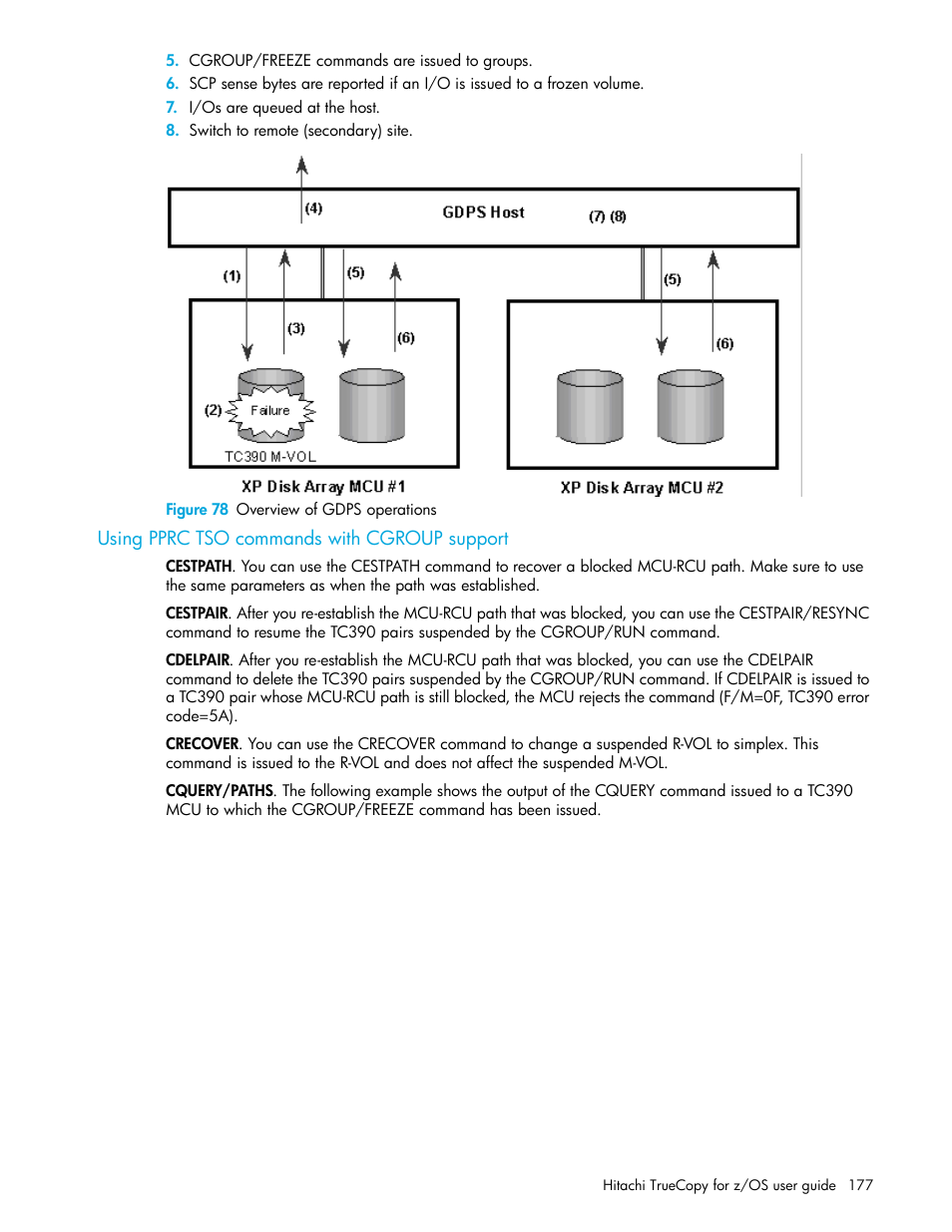 Figure 78 overview of gdps operations, Using pprc tso commands with cgroup support, 78 overview of gdps operations | HP StorageWorks XP Remote Web Console Software User Manual | Page 177 / 230