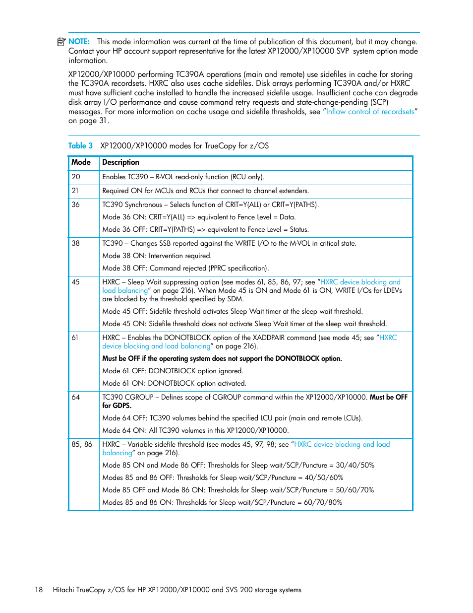 3 xp12000/xp10000 modes for truecopy for z/os, Table 3 | HP StorageWorks XP Remote Web Console Software User Manual | Page 18 / 230