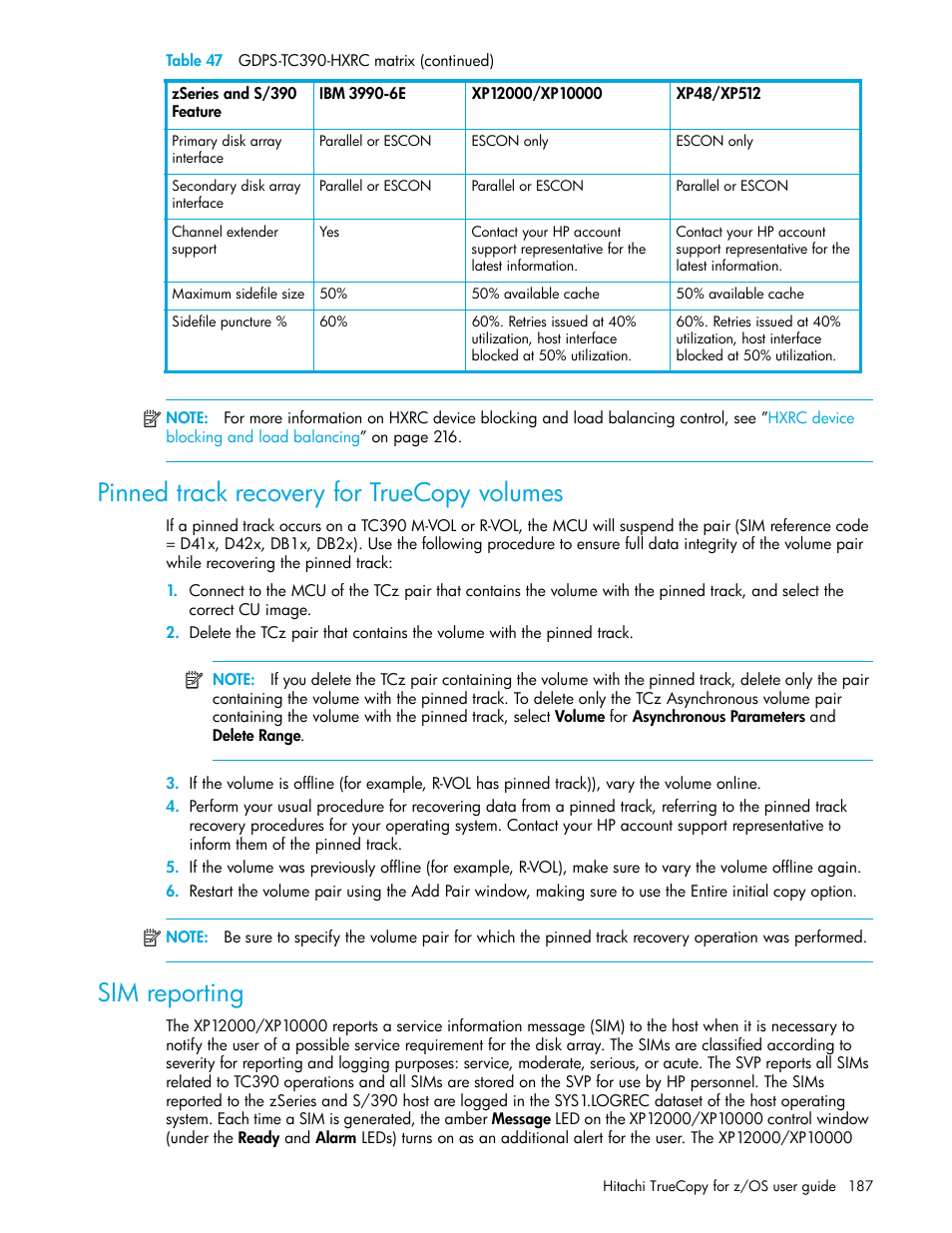 Pinned track recovery for truecopy volumes, Sim reporting, Pinned track recovery for truecopy | Volumes | HP StorageWorks XP Remote Web Console Software User Manual | Page 187 / 230