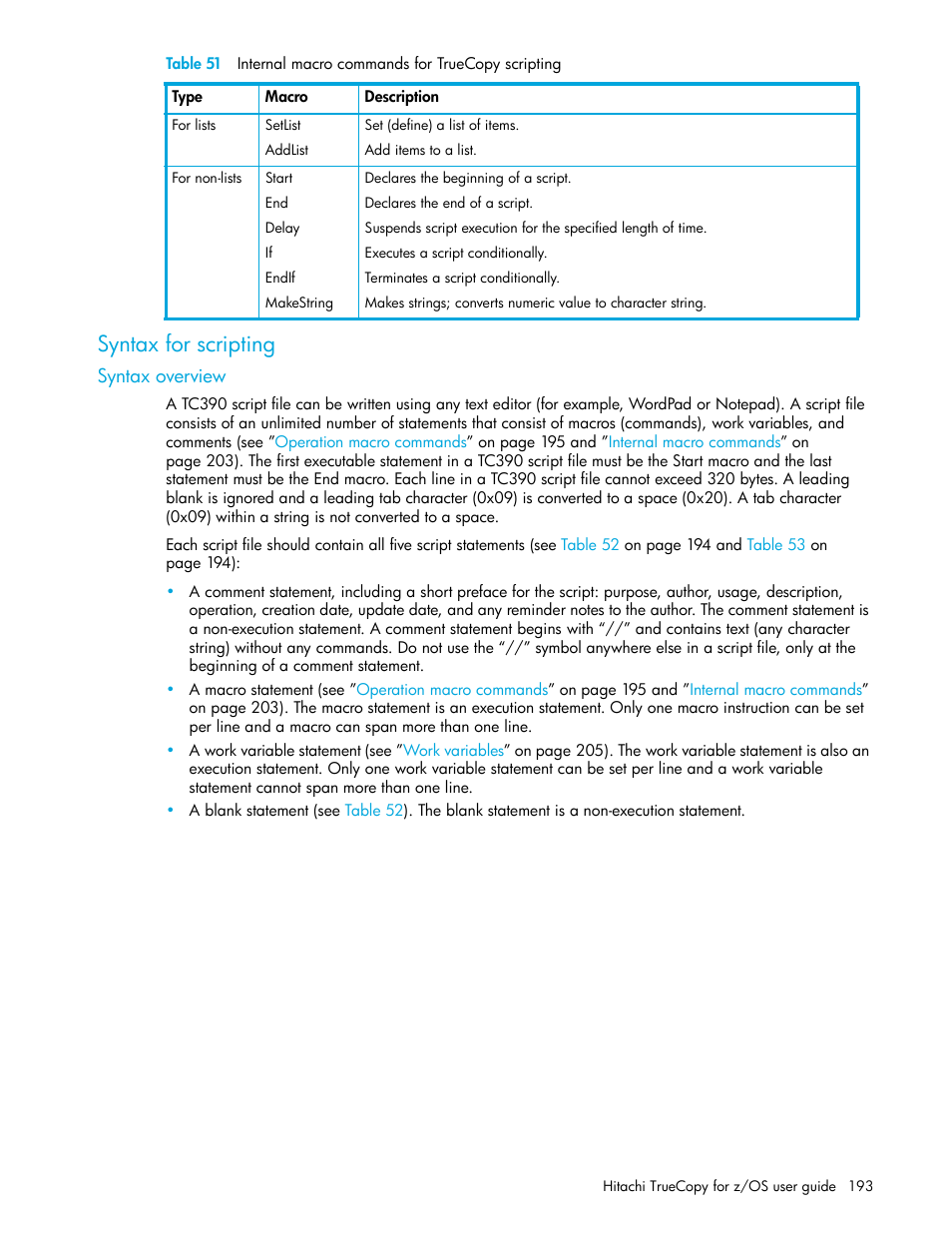 Syntax for scripting, Syntax overview, 51 internal macro commands for truecopy scripting | Table 51 | HP StorageWorks XP Remote Web Console Software User Manual | Page 193 / 230