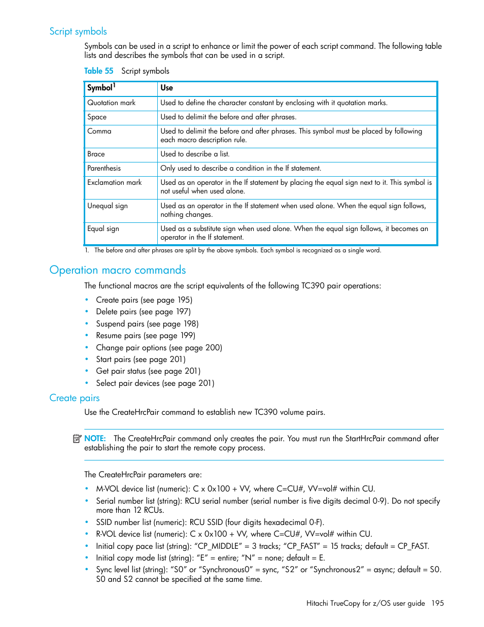 Script symbols, Table 55 script symbols, Operation macro commands | Create pairs, 55 script symbols, T (see | HP StorageWorks XP Remote Web Console Software User Manual | Page 195 / 230