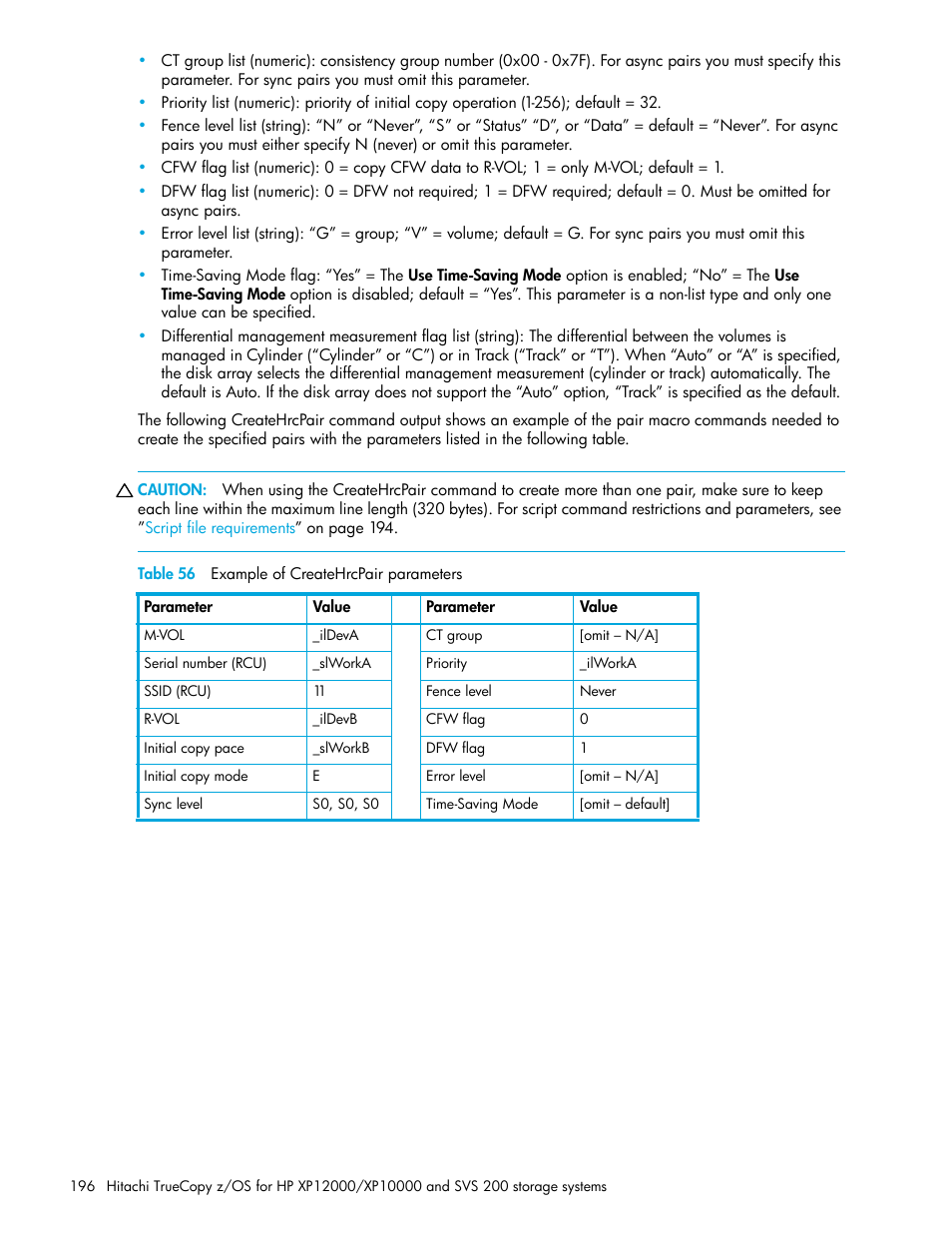 Table 56 example of createhrcpair parameters, 56 example of createhrcpair parameters | HP StorageWorks XP Remote Web Console Software User Manual | Page 196 / 230