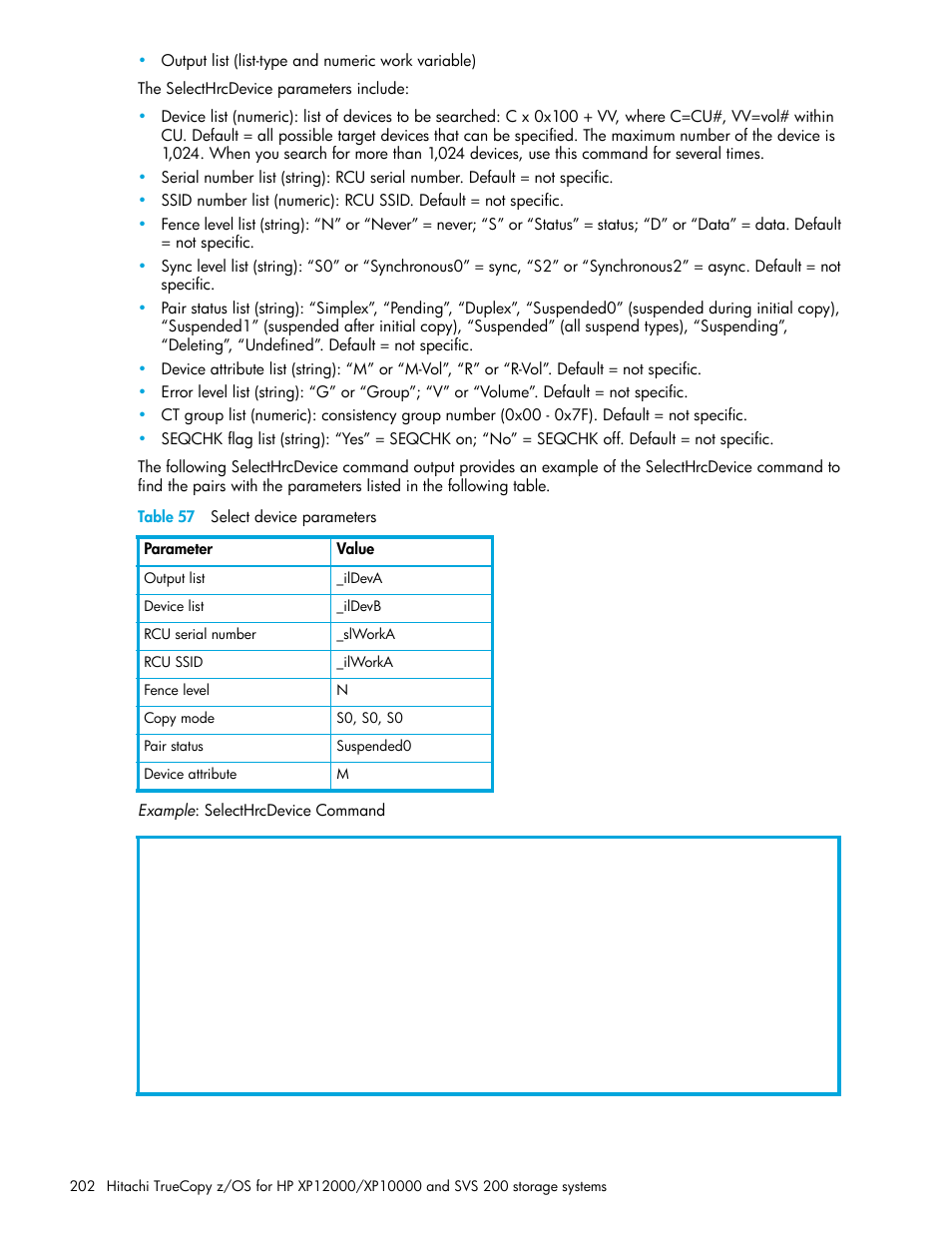 Table 57 select device parameters, 57 select device parameters | HP StorageWorks XP Remote Web Console Software User Manual | Page 202 / 230