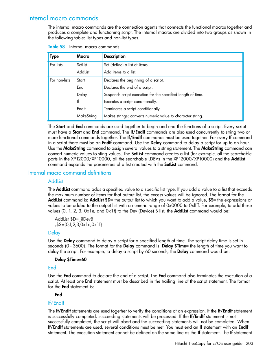 Internal macro commands, Table 58 internal macro commands, Internal macro command definitions | Addlist, Delay, If/endif, 58 internal macro commands | HP StorageWorks XP Remote Web Console Software User Manual | Page 203 / 230