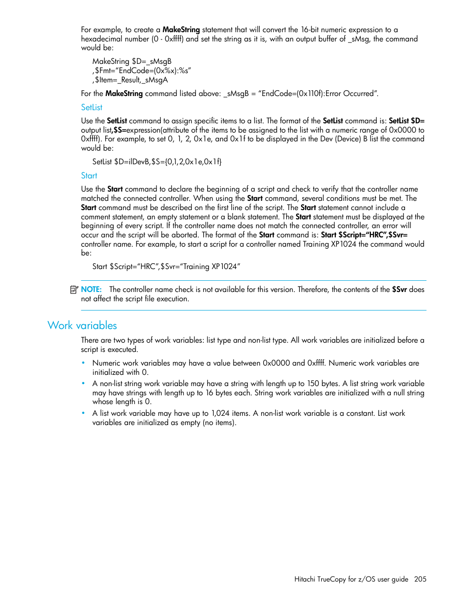 Setlist, Start, Work variables | T (see | HP StorageWorks XP Remote Web Console Software User Manual | Page 205 / 230