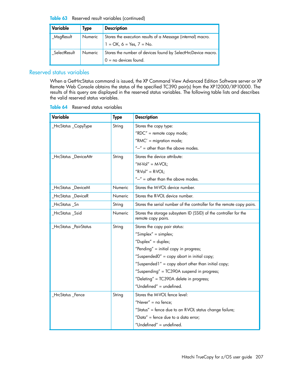 Reserved status variables, Table 64 reserved status variables, 64 reserved status variables | HP StorageWorks XP Remote Web Console Software User Manual | Page 207 / 230