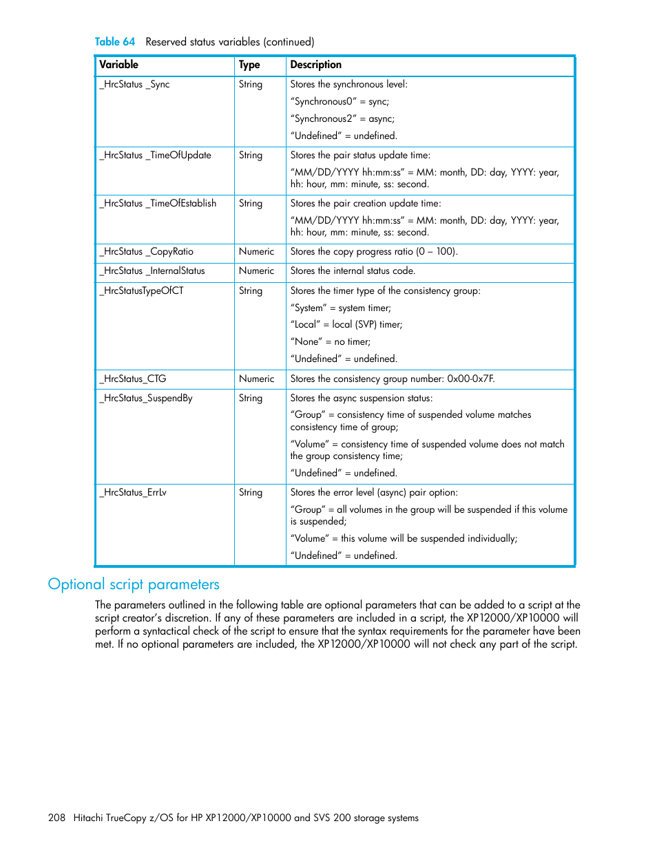 Optional script parameters | HP StorageWorks XP Remote Web Console Software User Manual | Page 208 / 230