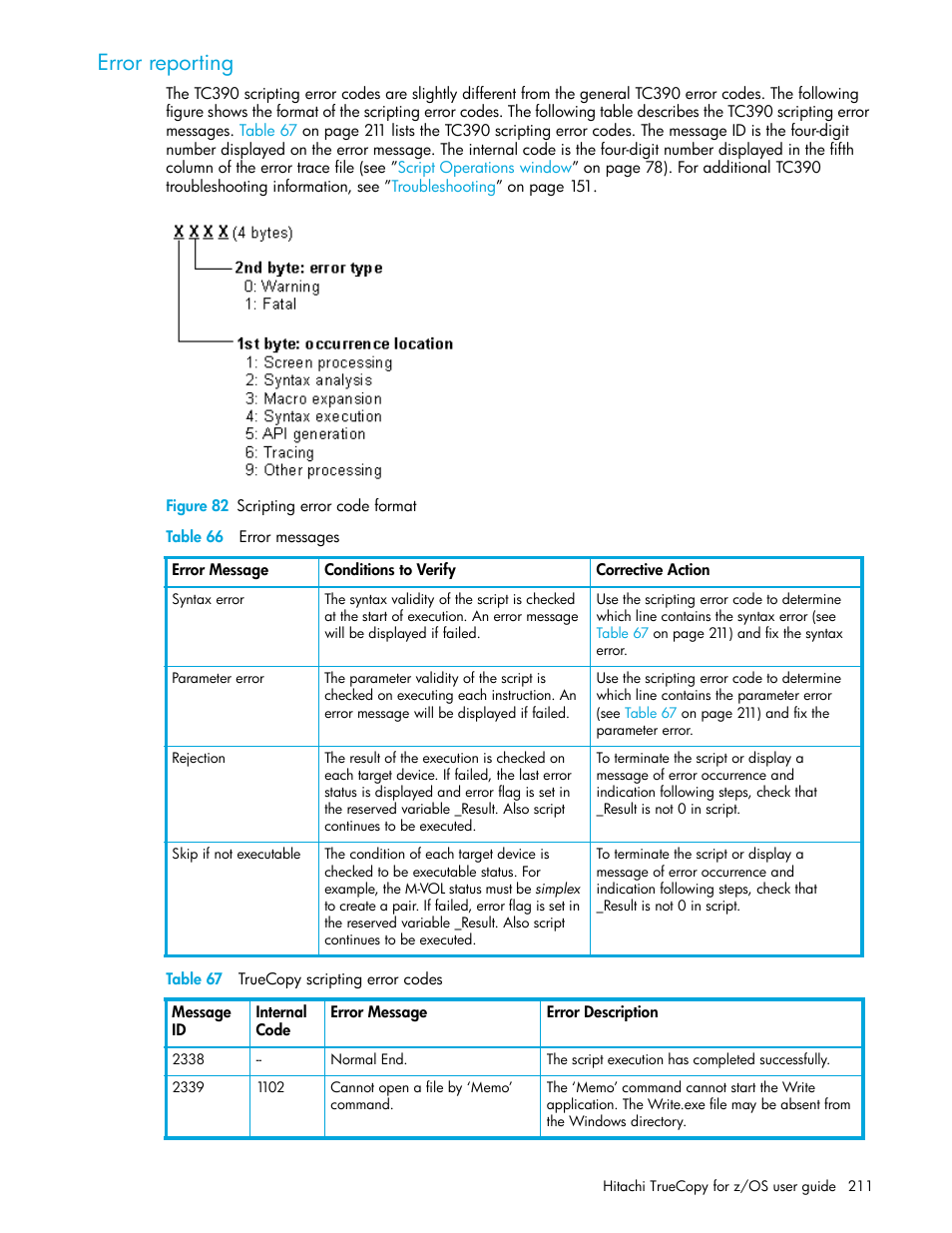 Error reporting, Figure 82 scripting error code format, Table 66 error messages | Table 67 truecopy scripting error codes, 82 scripting error code format, 66 error messages, 67 truecopy scripting error codes | HP StorageWorks XP Remote Web Console Software User Manual | Page 211 / 230