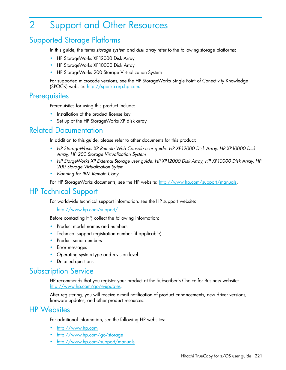 Support and other resources, Supported storage platforms, Prerequisites | Related documentation, Hp technical support, Subscription service, Hp websites, 2 support and other resources, 2support and other resources | HP StorageWorks XP Remote Web Console Software User Manual | Page 221 / 230