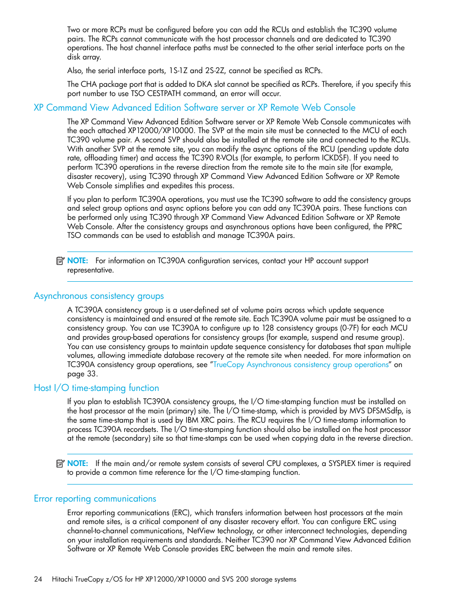 Asynchronous consistency groups, Host i/o time-stamping function, Error reporting communications | HP StorageWorks XP Remote Web Console Software User Manual | Page 24 / 230