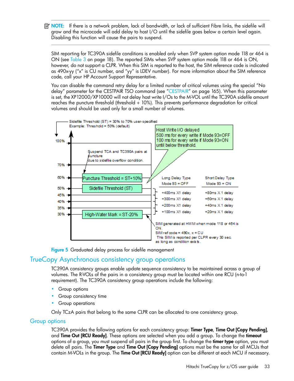 Truecopy asynchronous consistency group operations, Group options, 5 graduated delay process for sidefile management | HP StorageWorks XP Remote Web Console Software User Manual | Page 33 / 230