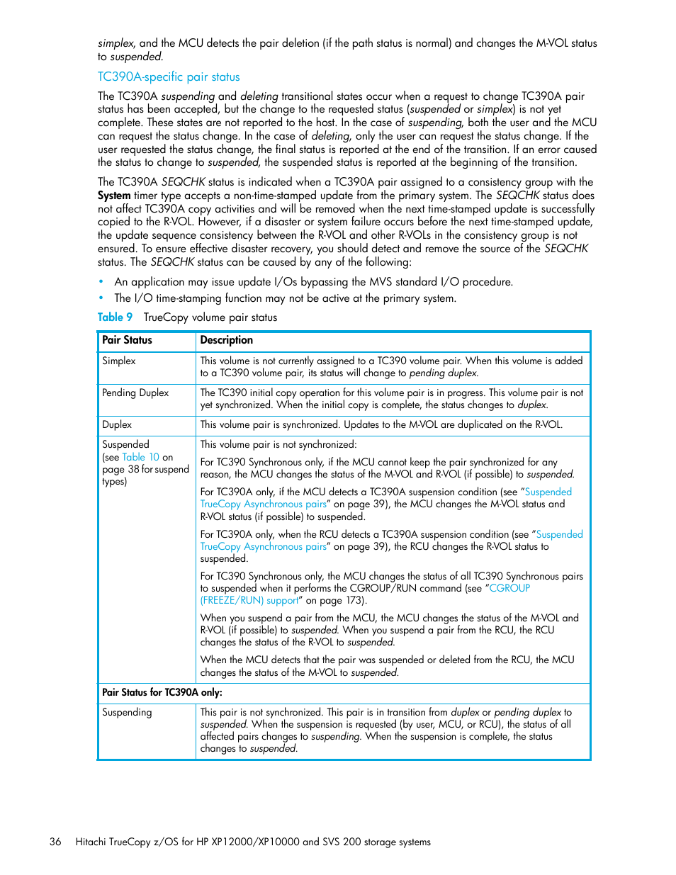 Tc390a-specific pair status, Table 9 truecopy volume pair status, 9 truecopy volume pair status | Table 9 | HP StorageWorks XP Remote Web Console Software User Manual | Page 36 / 230