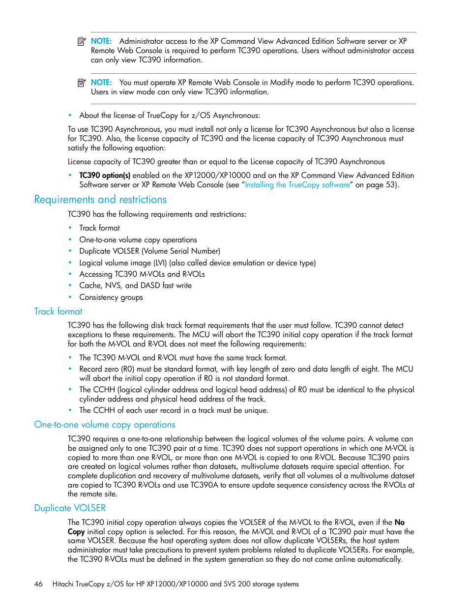 Requirements and restrictions, Track format, One-to-one volume copy operations | Duplicate volser | HP StorageWorks XP Remote Web Console Software User Manual | Page 46 / 230