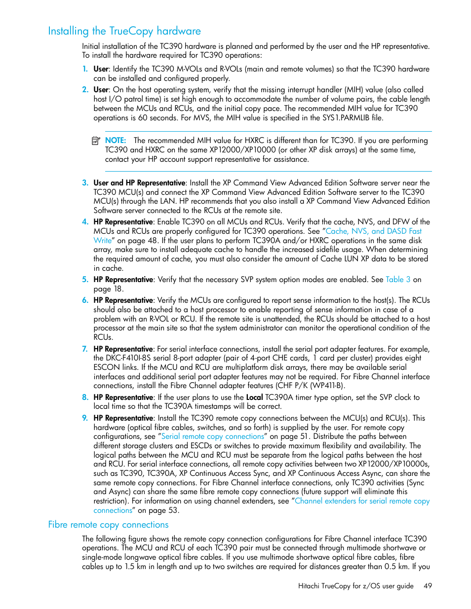 Installing the truecopy hardware, Fibre remote copy connections | HP StorageWorks XP Remote Web Console Software User Manual | Page 49 / 230