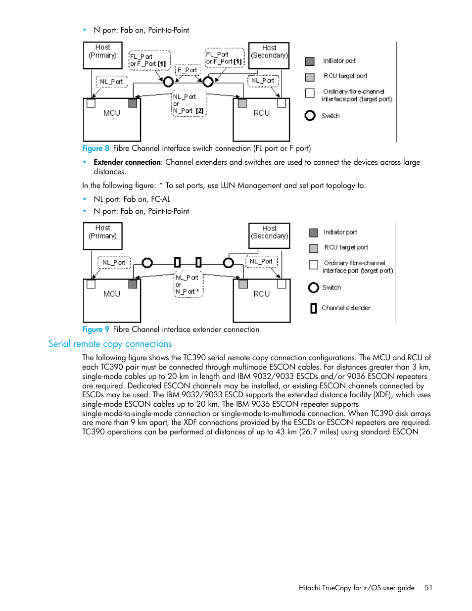 Serial remote copy connections, 9 fibre channel interface extender connection | HP StorageWorks XP Remote Web Console Software User Manual | Page 51 / 230