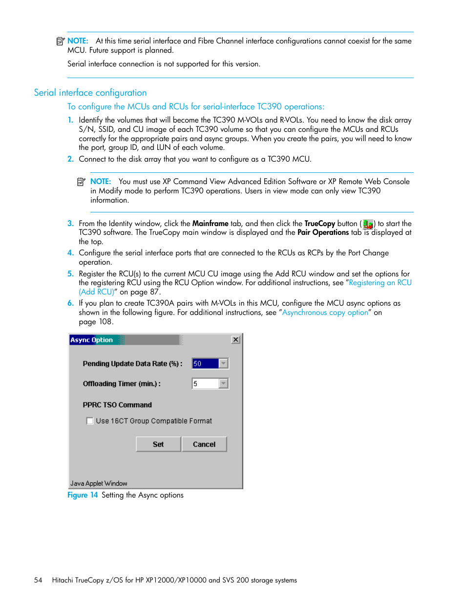 Serial interface configuration, Figure 14 setting the async options, 14 setting the async options | HP StorageWorks XP Remote Web Console Software User Manual | Page 54 / 230