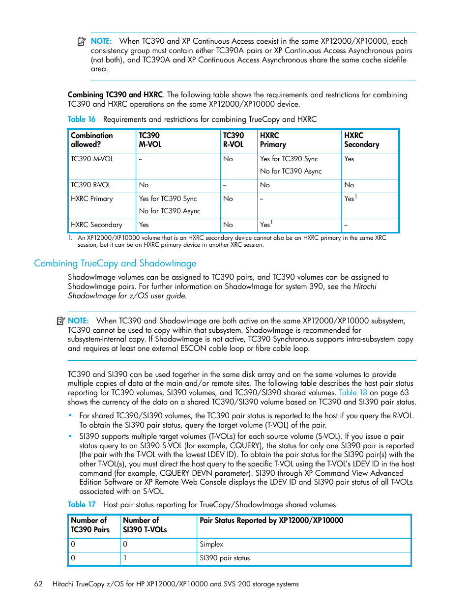 Combining truecopy and shadowimage, Table 16 | HP StorageWorks XP Remote Web Console Software User Manual | Page 62 / 230