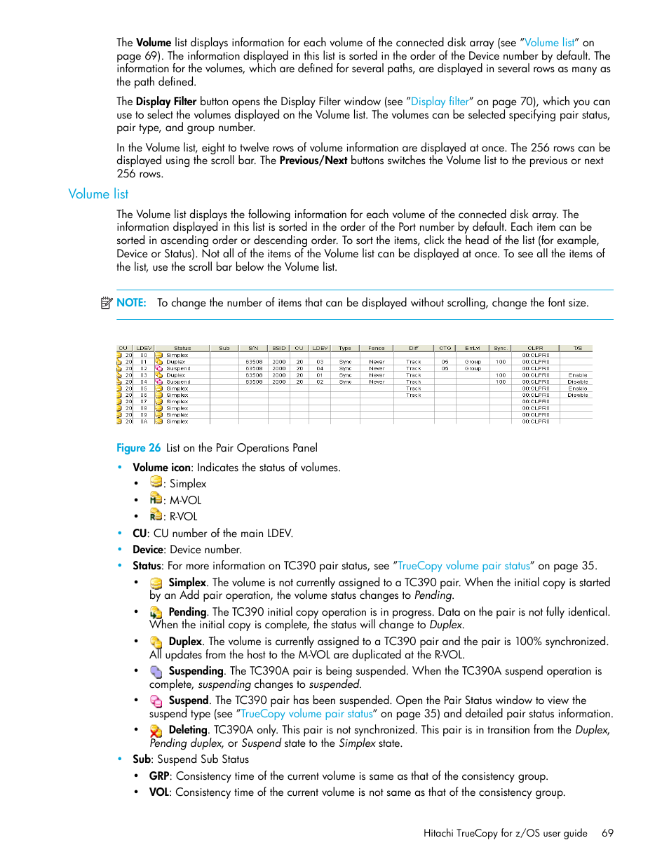 Volume list, Figure 26 list on the pair operations panel, 26 list on the pair operations panel | HP StorageWorks XP Remote Web Console Software User Manual | Page 69 / 230