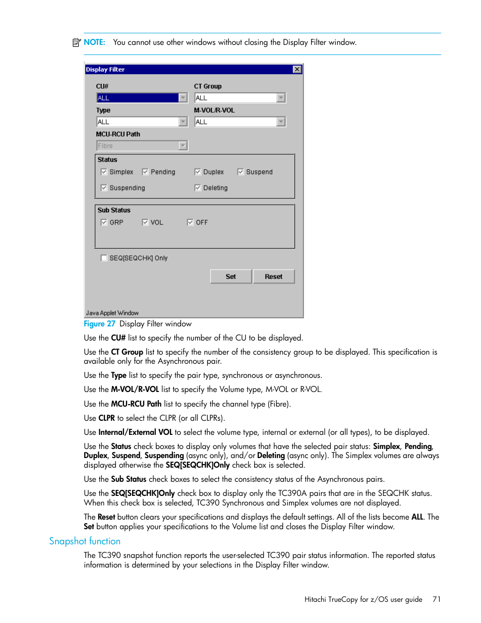 Figure 27 display filter window, Snapshot function, 27 display filter window | HP StorageWorks XP Remote Web Console Software User Manual | Page 71 / 230