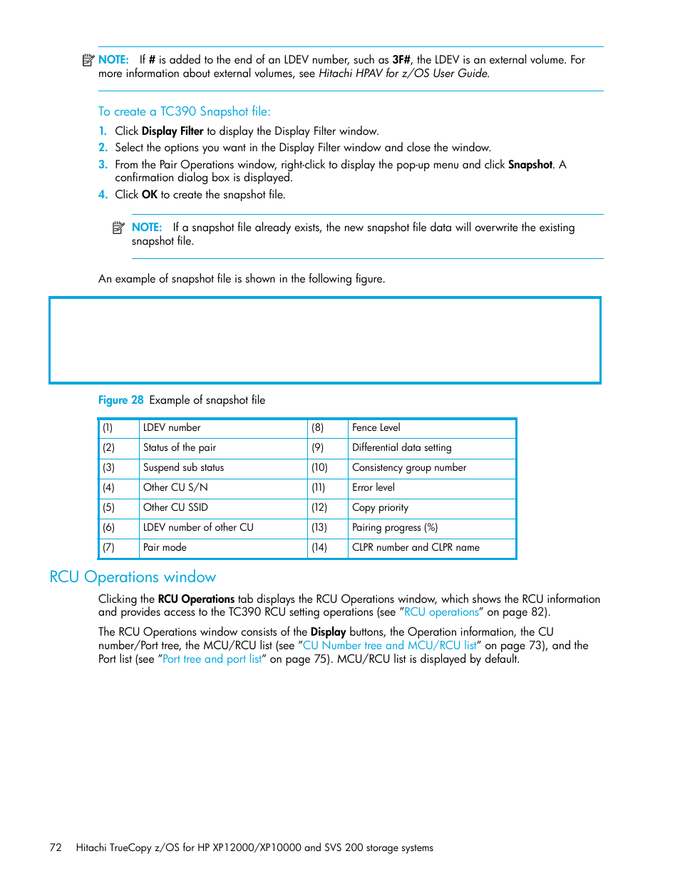 To create a tc390 snapshot file, Figure 28 example of snapshot file, Rcu operations window | 28 example of snapshot file | HP StorageWorks XP Remote Web Console Software User Manual | Page 72 / 230