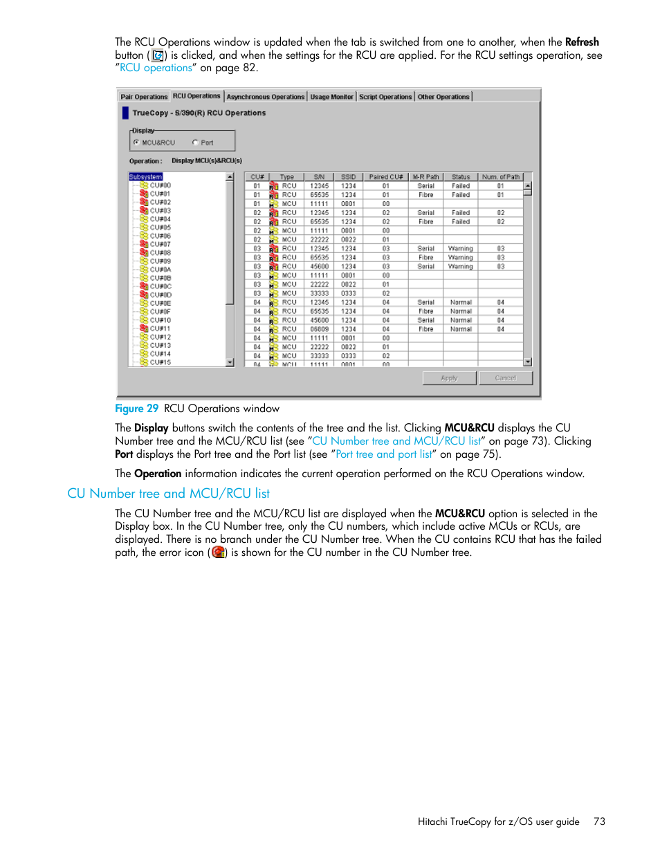 Figure 29 rcu operations window, Cu number tree and mcu/rcu list, 29 rcu operations window | HP StorageWorks XP Remote Web Console Software User Manual | Page 73 / 230