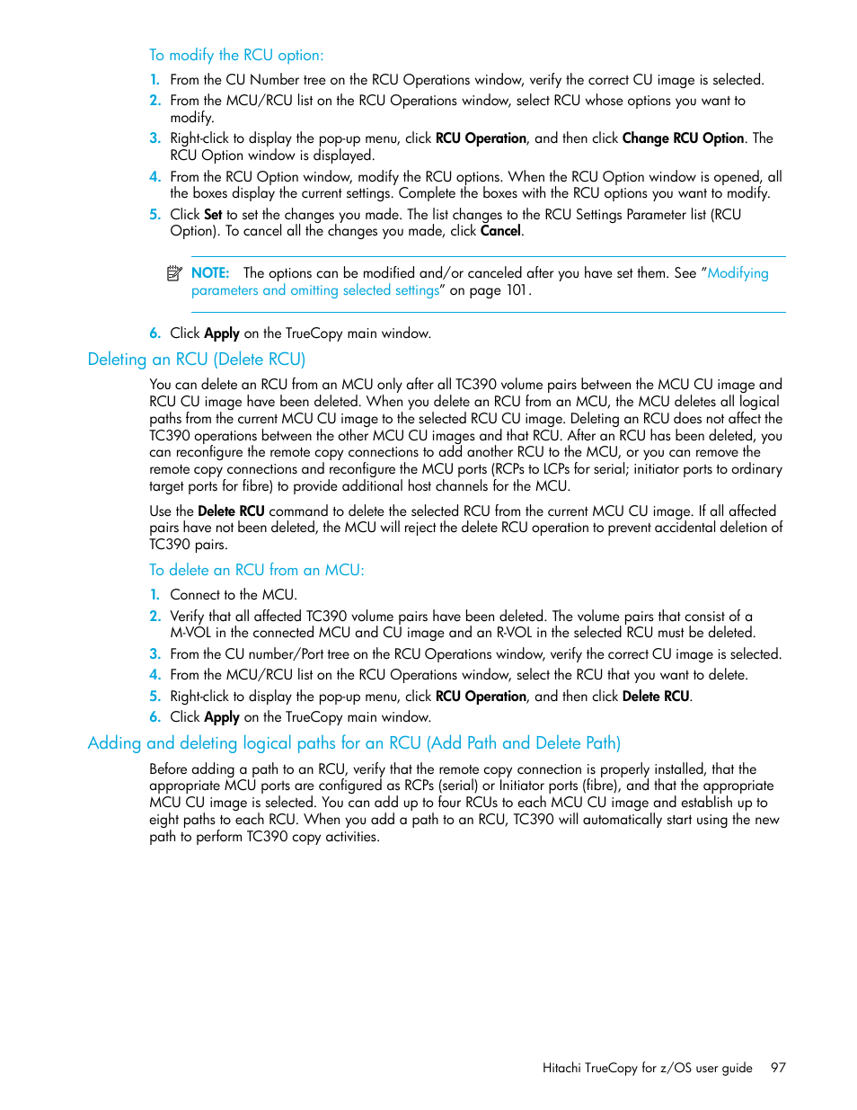 To modify the rcu option, Deleting an rcu (delete rcu), To delete an rcu from an mcu | HP StorageWorks XP Remote Web Console Software User Manual | Page 97 / 230