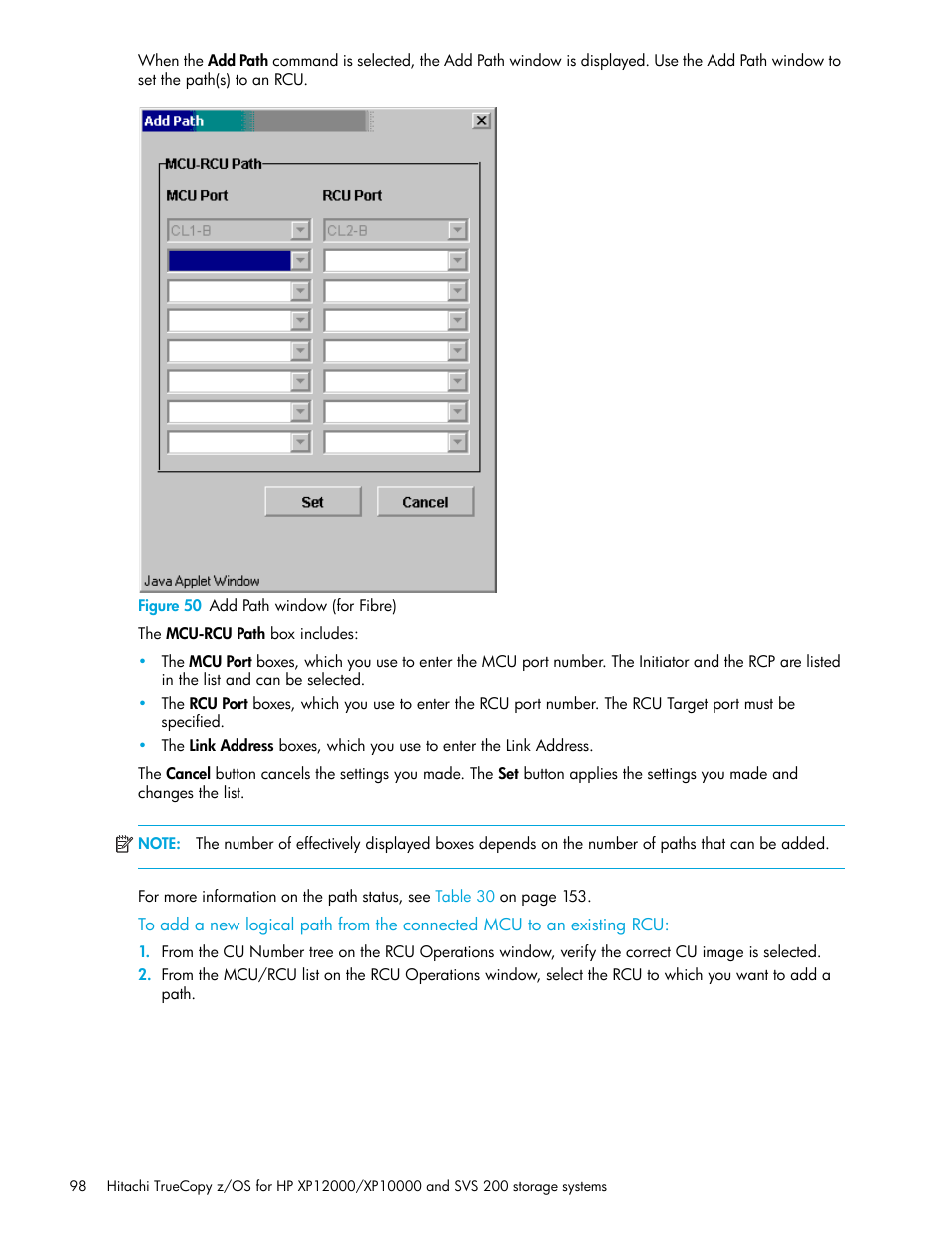 Figure 50 add path window (for fibre), 50 add path window (for fibre) | HP StorageWorks XP Remote Web Console Software User Manual | Page 98 / 230