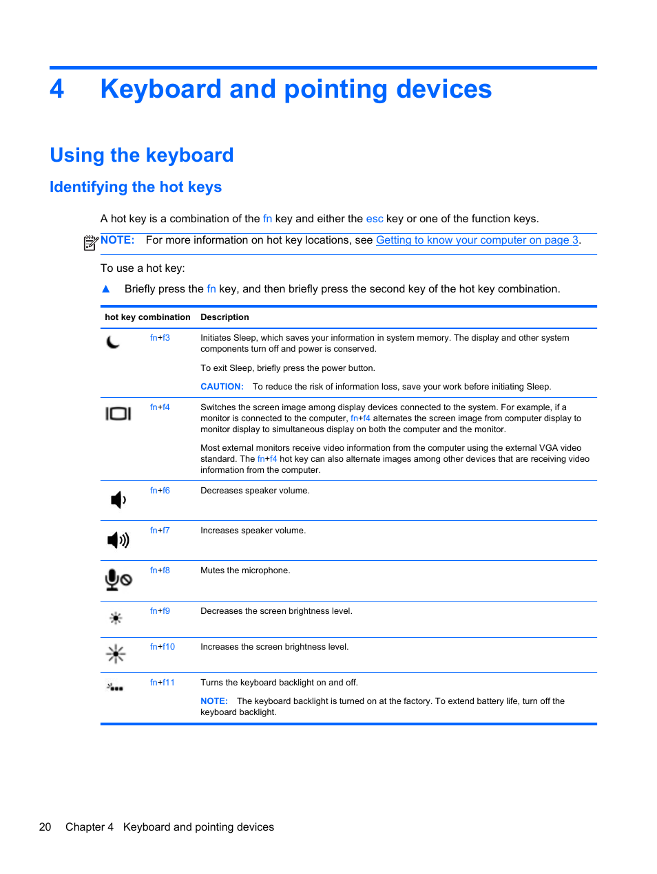 Keyboard and pointing devices, Using the keyboard, Identifying the hot keys | 4 keyboard and pointing devices, 4keyboard and pointing devices | HP EliteBook 850 G1 Notebook PC User Manual | Page 30 / 90