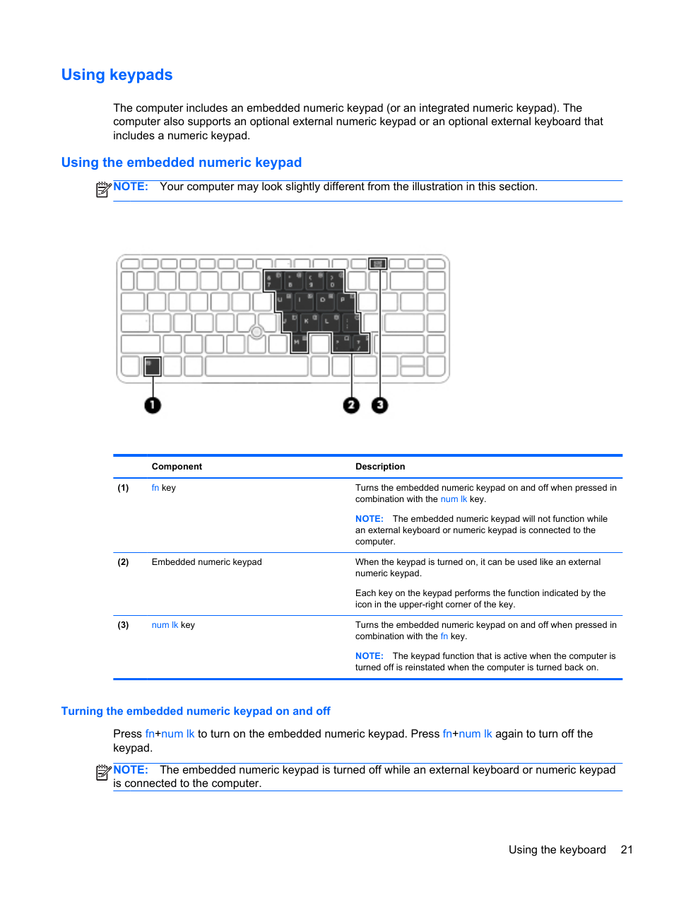 Using keypads, Using the embedded numeric keypad, Turning the embedded numeric keypad on and off | HP EliteBook 850 G1 Notebook PC User Manual | Page 31 / 90