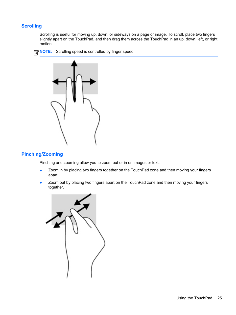 Scrolling, Pinching/zooming, Scrolling pinching/zooming | HP EliteBook 850 G1 Notebook PC User Manual | Page 35 / 90