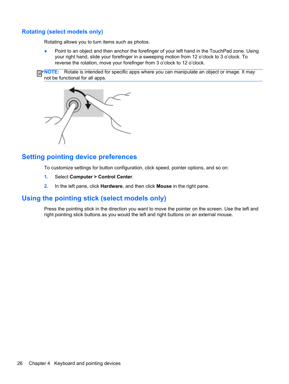 Rotating (select models only), Setting pointing device preferences, Using the pointing stick (select models only) | HP EliteBook 850 G1 Notebook PC User Manual | Page 36 / 90