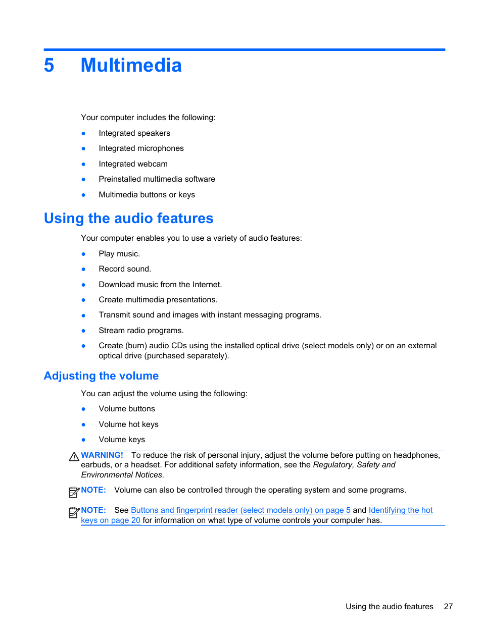 Multimedia, Using the audio features, Adjusting the volume | 5 multimedia, 5multimedia | HP EliteBook 850 G1 Notebook PC User Manual | Page 37 / 90