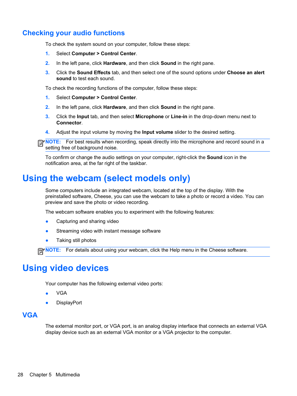 Checking your audio functions, Using the webcam (select models only), Using video devices | HP EliteBook 850 G1 Notebook PC User Manual | Page 38 / 90
