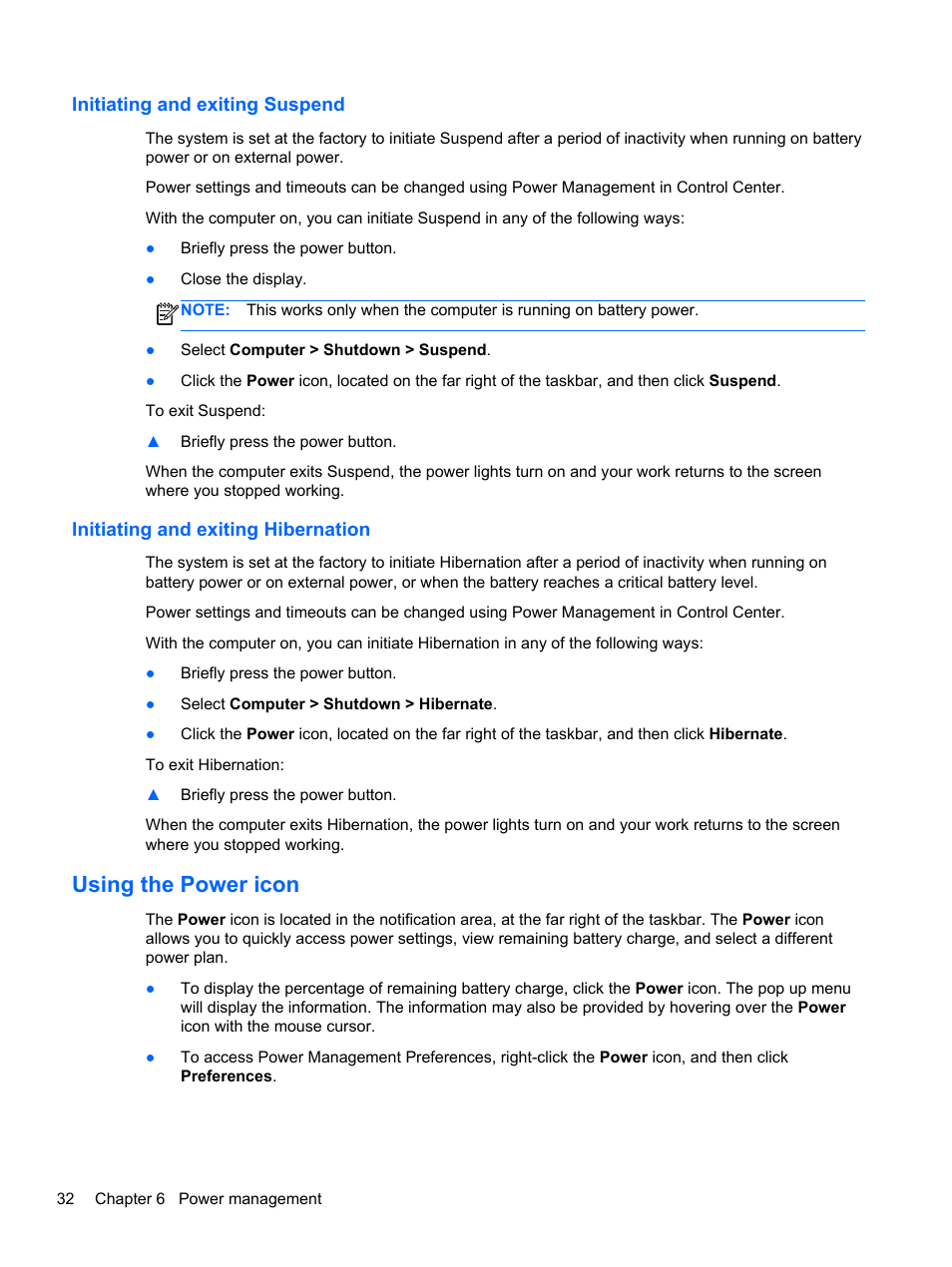 Initiating and exiting suspend, Initiating and exiting hibernation, Using the power icon | HP EliteBook 850 G1 Notebook PC User Manual | Page 42 / 90